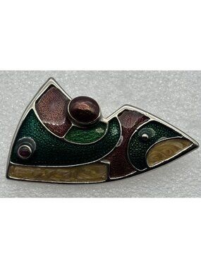 Vintage AV Geometric Abstract Fish Brooch Green Yellow Plum Enamel Silver Tone